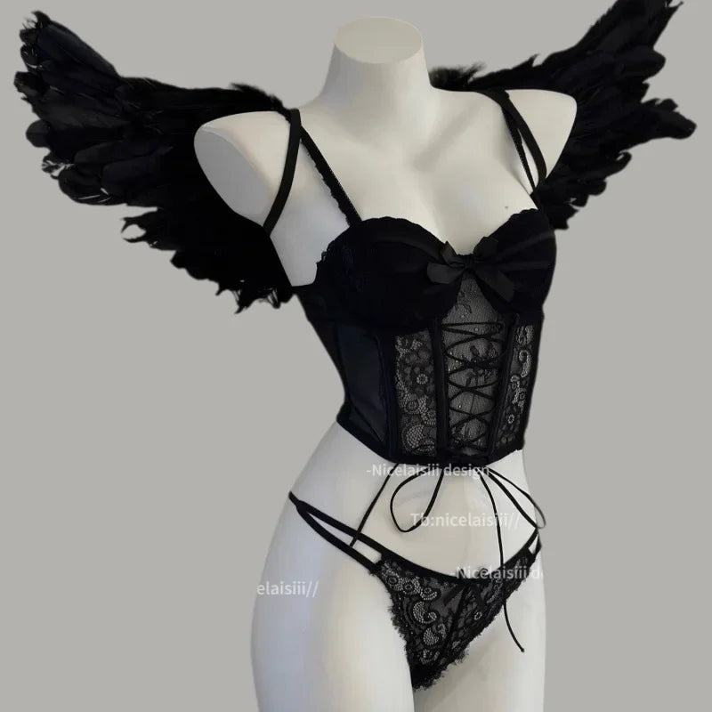 Sexy Lace Bra Set Sweet Fishbone Halter Tank Top with Bra Pads Gathered Top Thin Bottom Thick Design Women's Lingerie Set