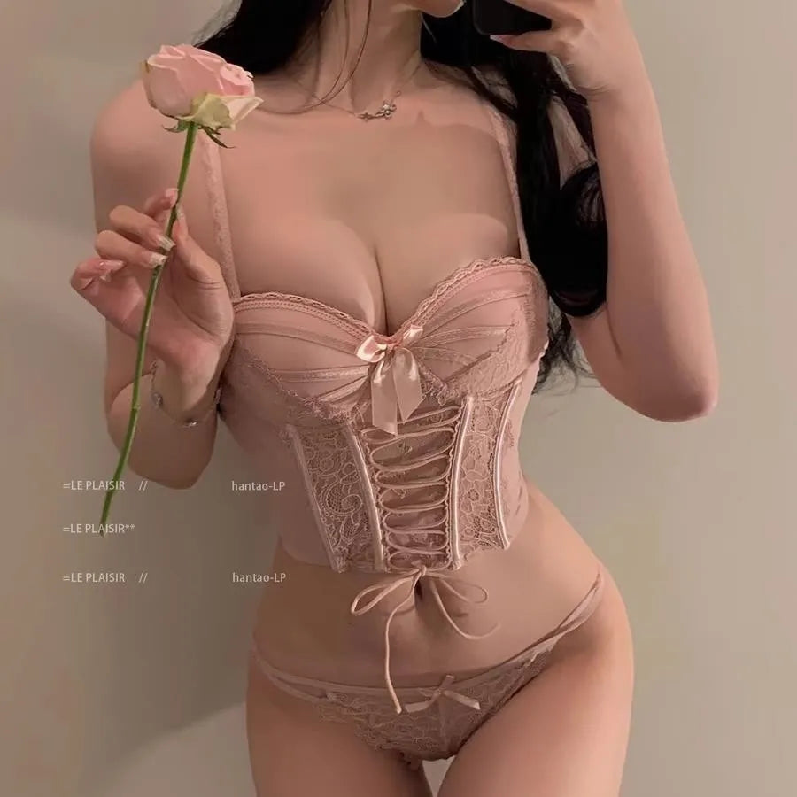 Sexy Lace Bra Set Sweet Fishbone Halter Tank Top with Bra Pads Gathered Top Thin Bottom Thick Design Women's Lingerie Set