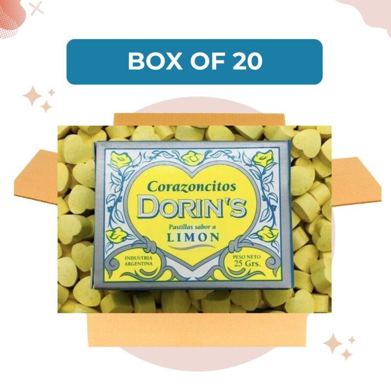 Pastillas Dorin's Limón Lemon Hard Candy Heart Shaped, 25 g / 0.9 oz (Box of 20)