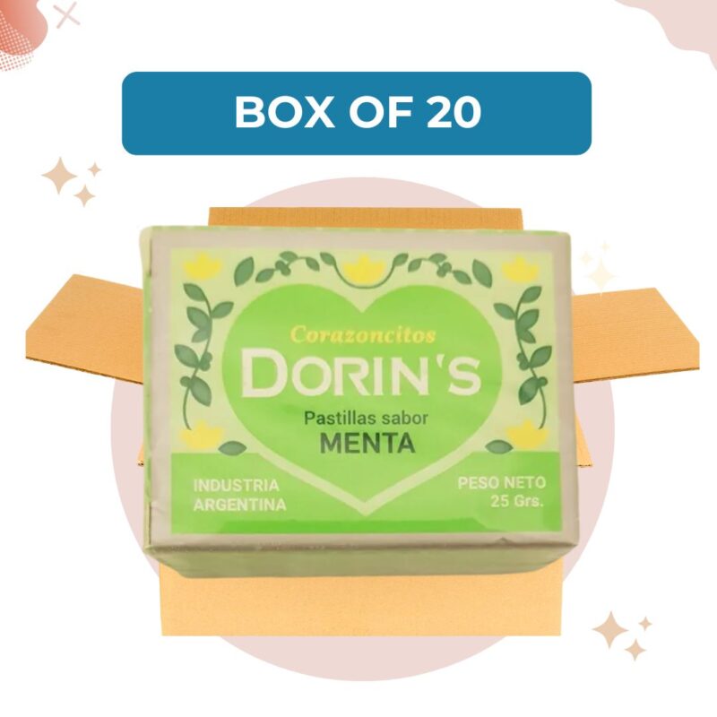 Pastillas Dorin's Menta Mint Hard Candy Heart Shaped, 25 g / 0.9 oz (Box of 20)