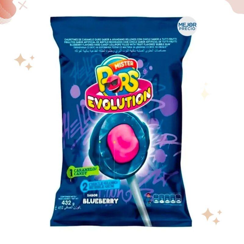 Mister Pops Evolution Chupetín-Chicle Chupetín de Arándano Relleno con Chicle Blueberry Flavored Lollipops Filled With Tutti Frutti Bubblegum, 18 g / 0.63 oz (bag of 24 lollypops)