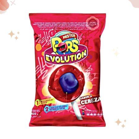 Mister Pops Evolution Chupetín-Chicle Chupetín de Cereza Relleno con Chicle Cherry Flavored Lollipops Filled With Tutti Frutti Bubblegum, 18 g / 0.63 oz (bag of 24 lollypops)